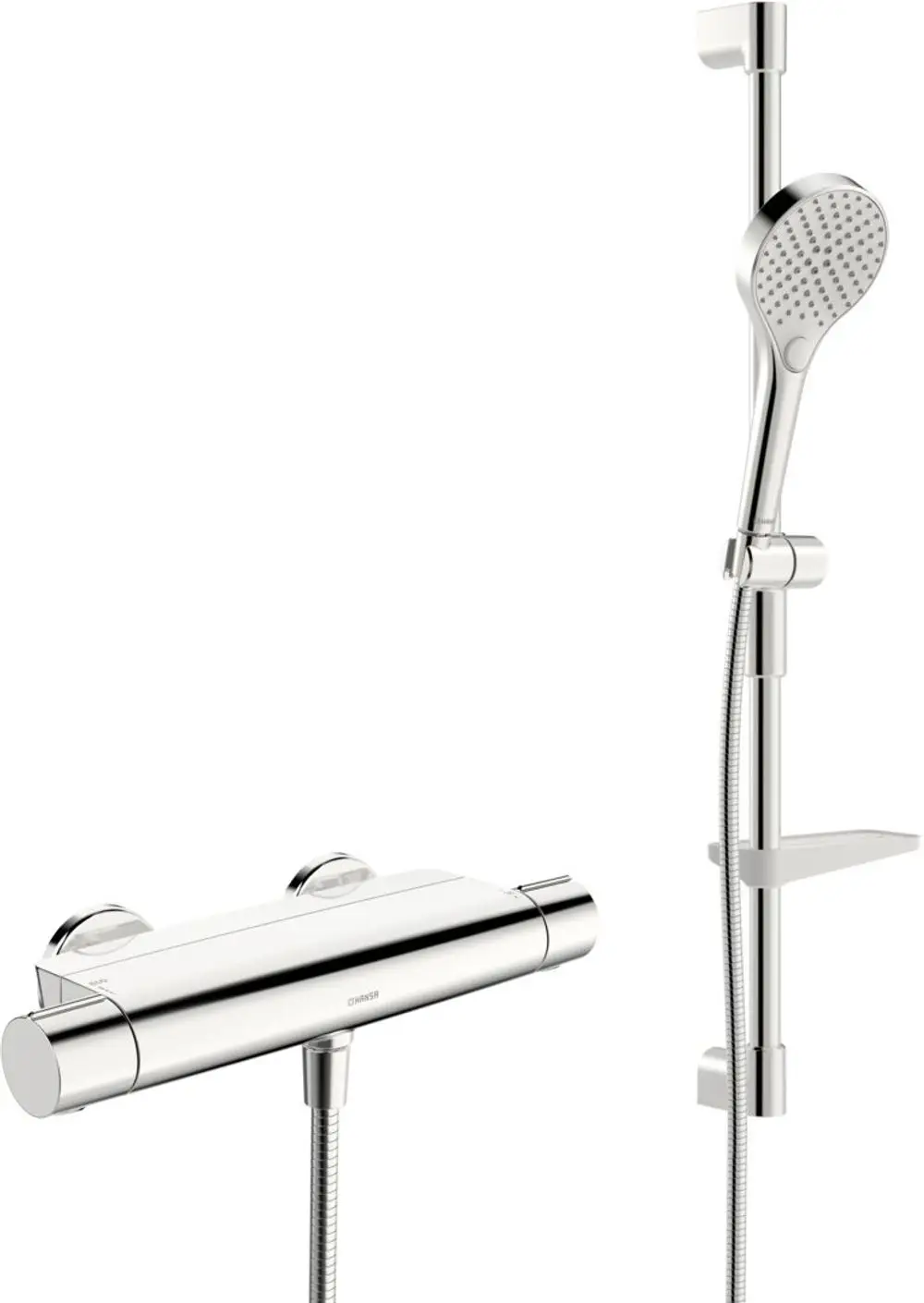 Brausebatterie von HANSA mit verchromter Oberfläche und Handbrause. Die Armatur zeigt zwei Temperatur- und Wasserdruckregler sowie eine Schlauchverbindung zur Brause.